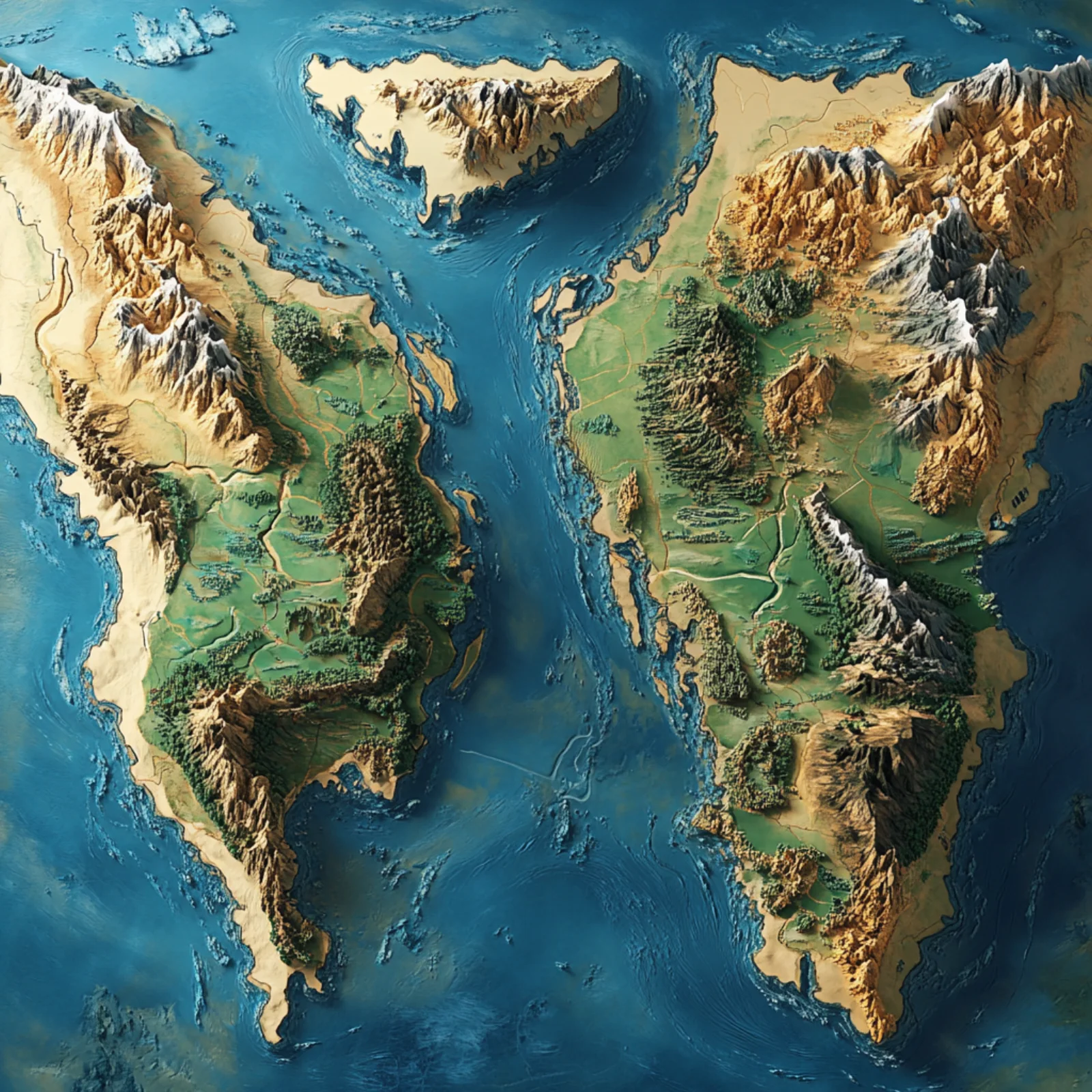 A textured topographic map illustration of two connected landmasses, used as a visual metaphor for population networks spread across geography
