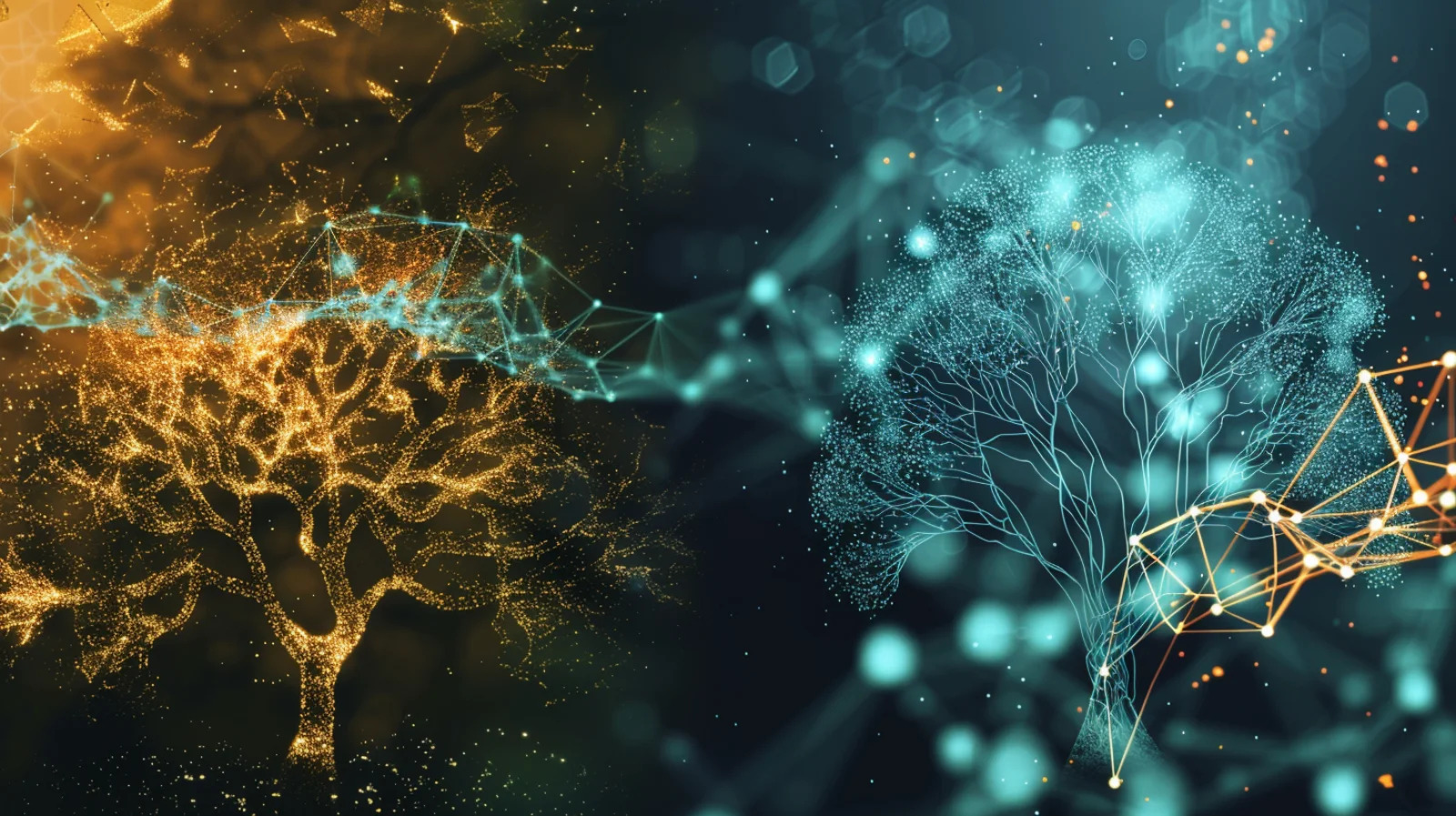 A branching tree made of golden light beside an interconnected network made of blue light, representing two different models of human origins